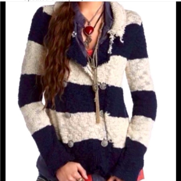 FREE PEOPLE Coat of Arms Jacket Cardigan Sweater Nautical Navy Ivory Coatigan - Picture 4 of 13